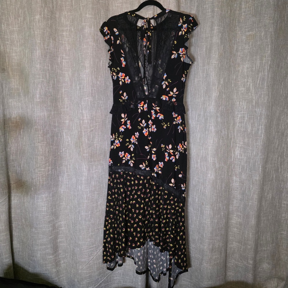 Mixed Floral Ruffle Midi Dress Black Sleeveless Asymmetrical Hem Black Lace M